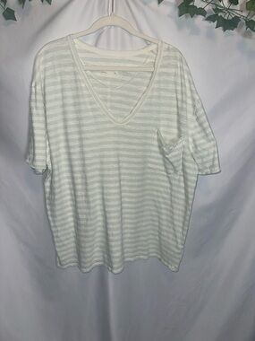 We The Free women’s  Striped V-Neck Pocket Tee - White & light green